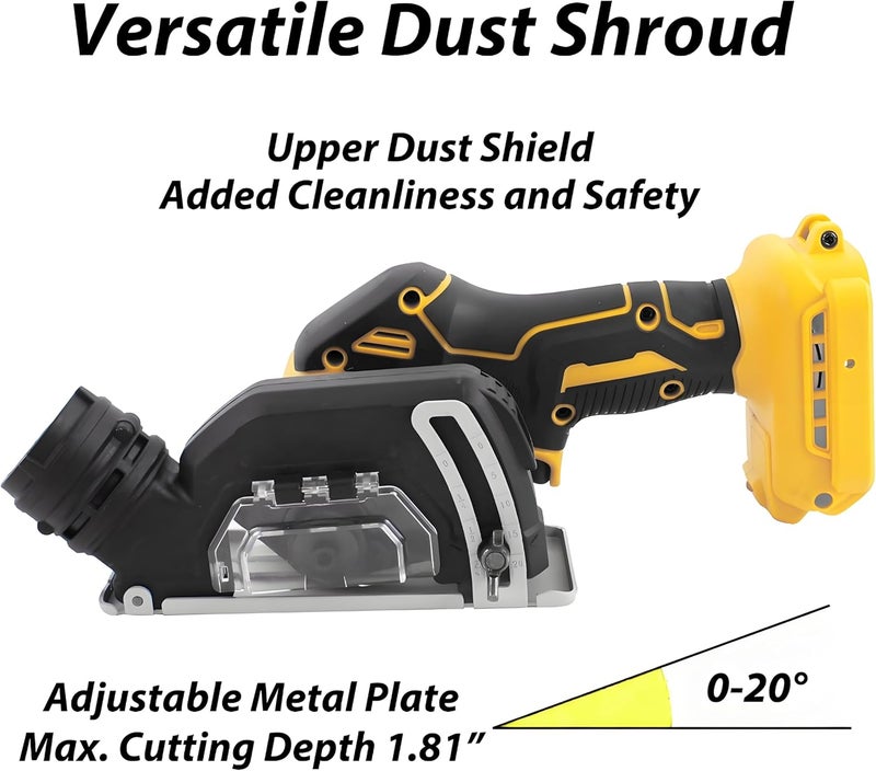 SQFOR Cordless Cut-Off Tool, 20000RPM Angle Grinder & Circular Saw Fits Dewalt 20V Max Battery, Detachable Dust Shroud with Adjustable Metal Plate, 4x 3” Saw Blades for Wood Plastic Tile Metal (No Battery) - Image 4